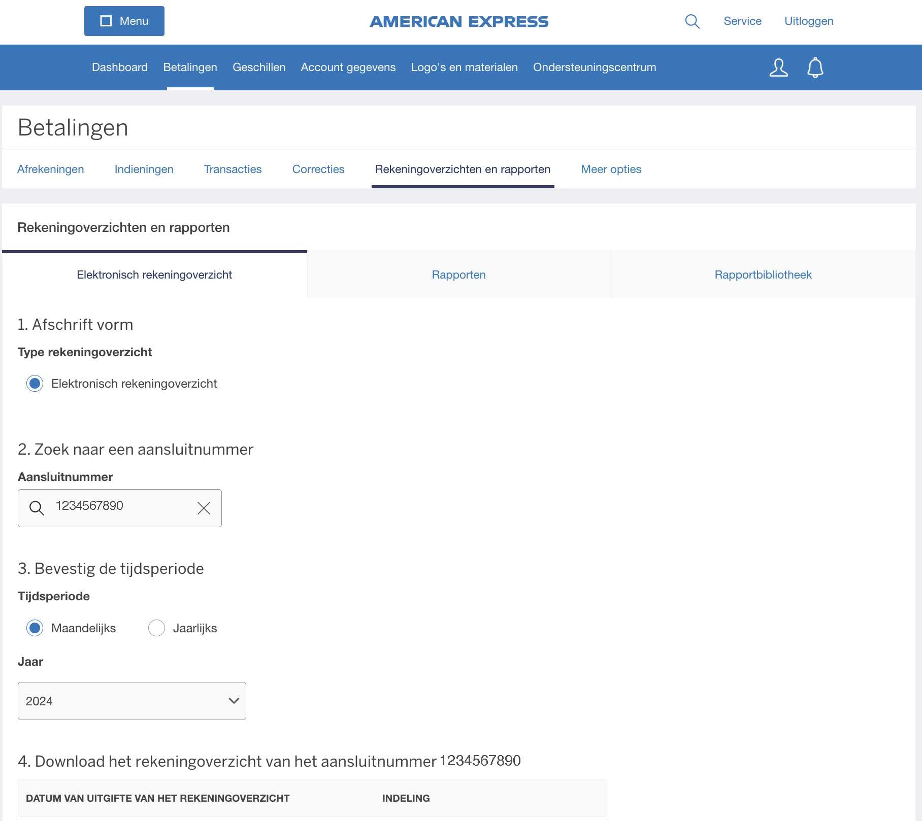 Screenshot of options for downloading E-Statements