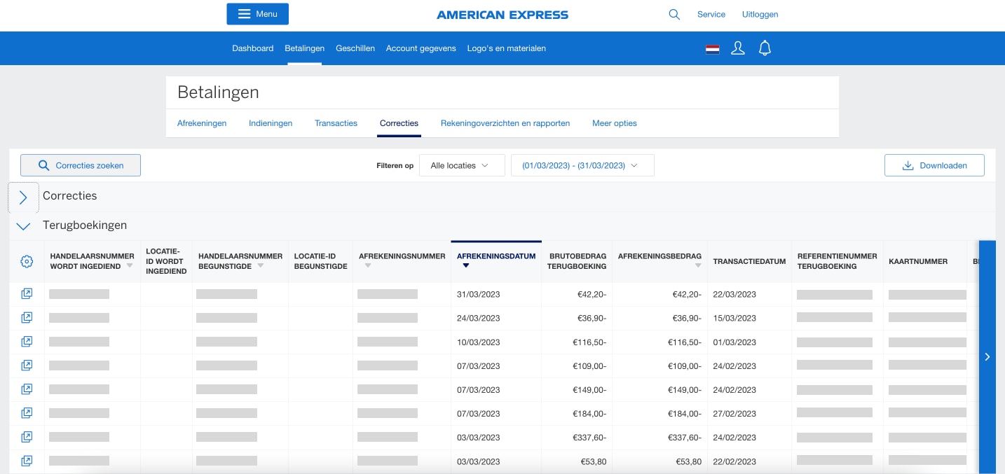 Screenshot of adjustments and chargeback data