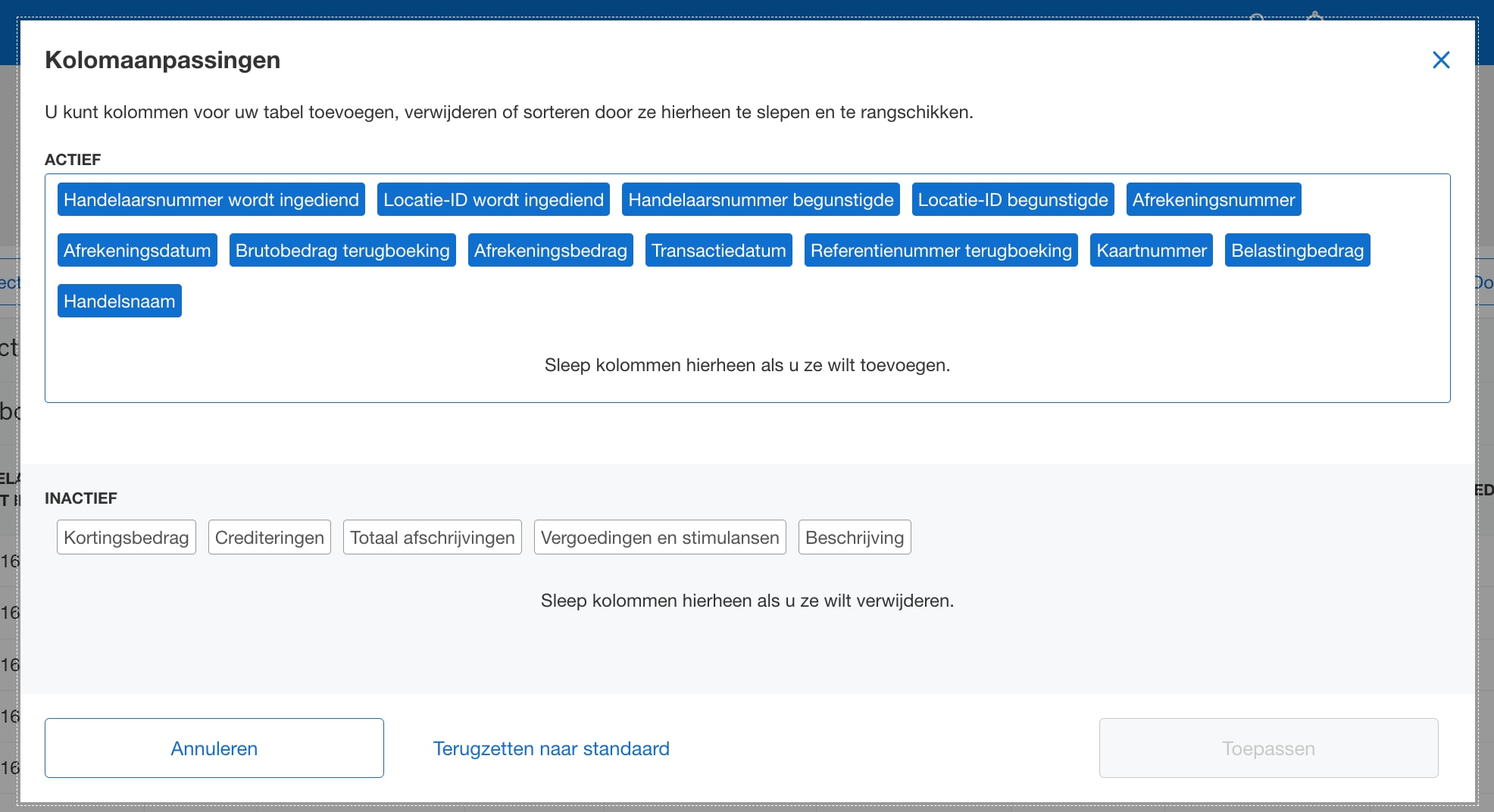 Screenshot of column customization options