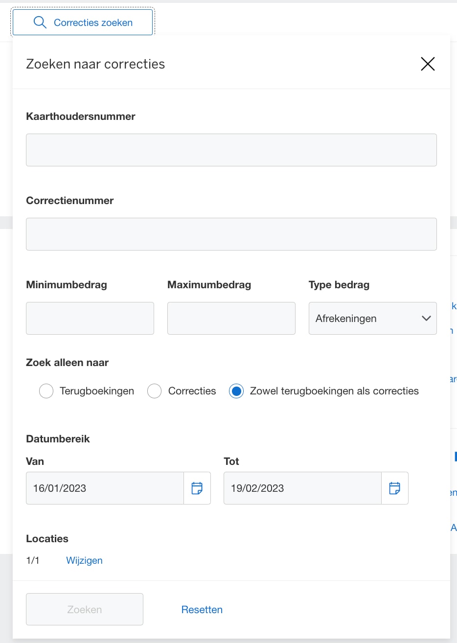 Screenshot of search options
