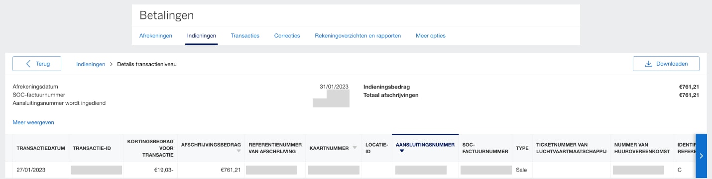 Screenshot of transaction level details of a submission