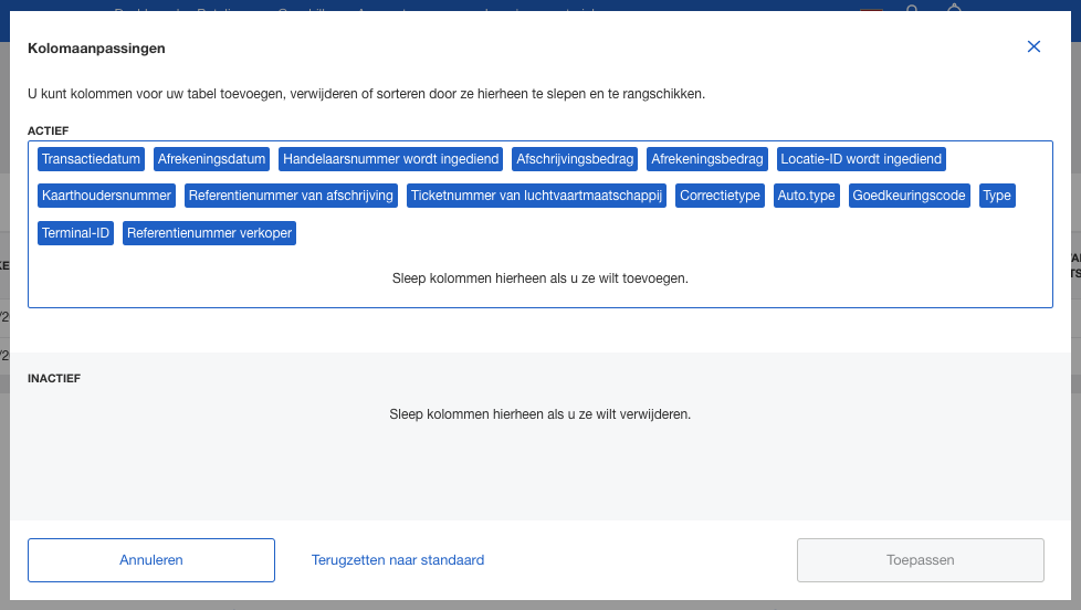 Screenshot of column customization options