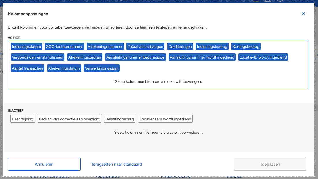 Screenshot of column customization options