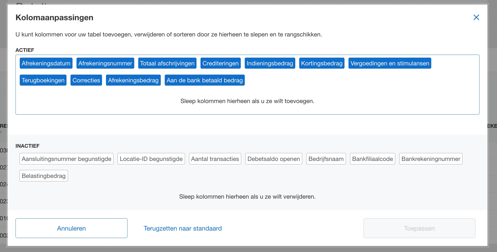 Screenshot of column customization options