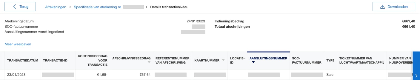 Screenshot of transaction level details of a settlements