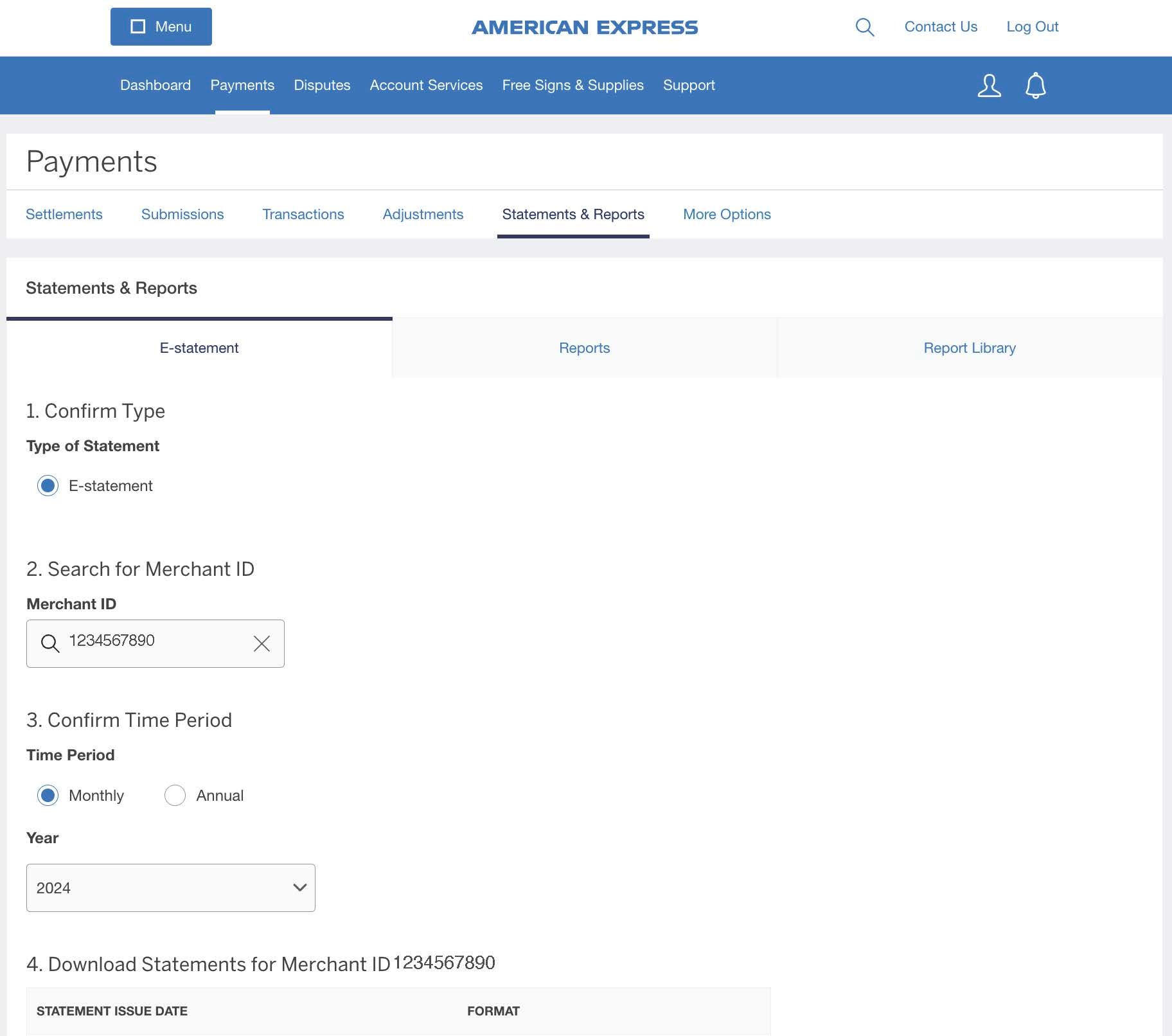 Screenshot of options for downloading E-Statements