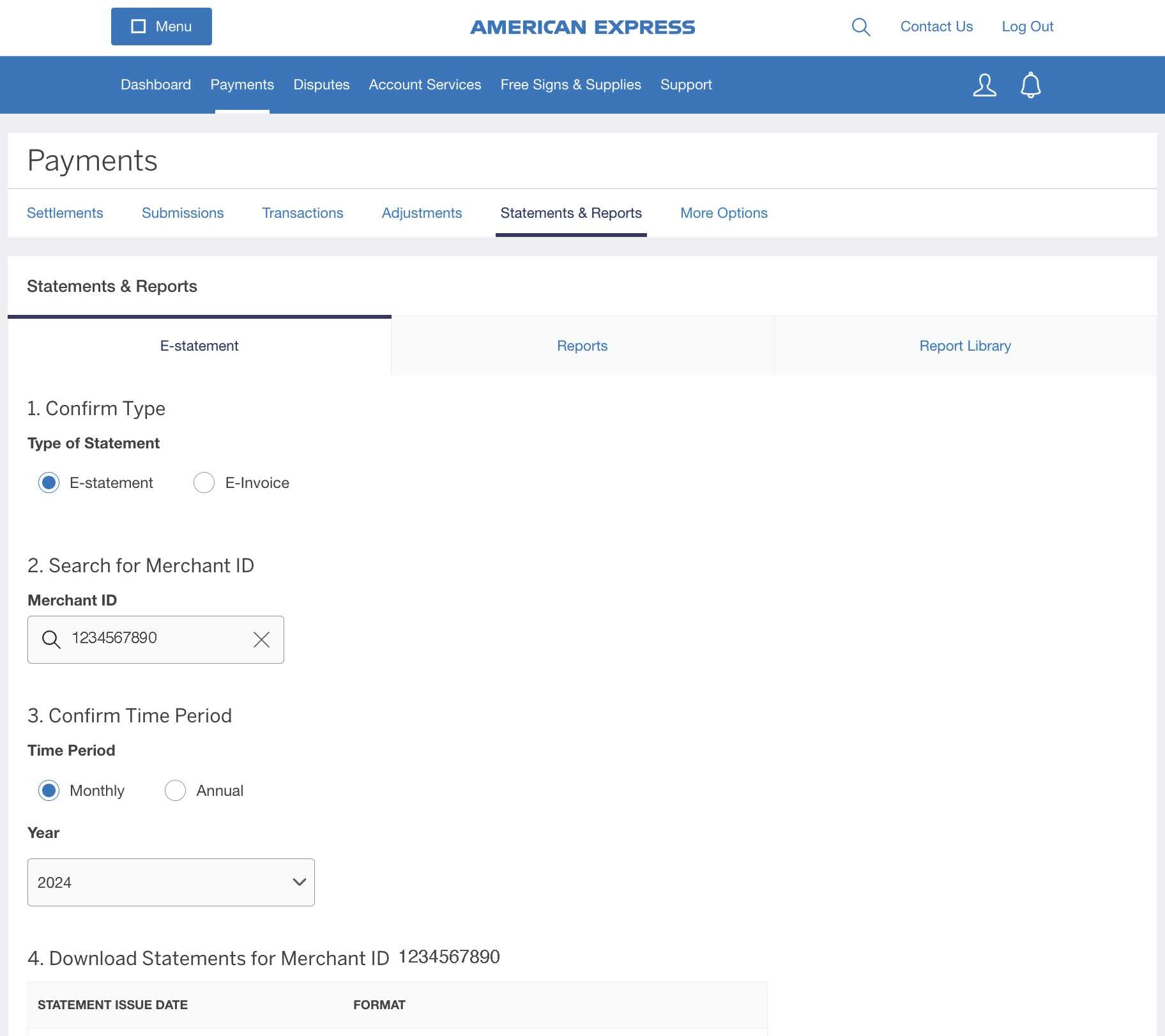 Screenshot of options for downloading E-Statements