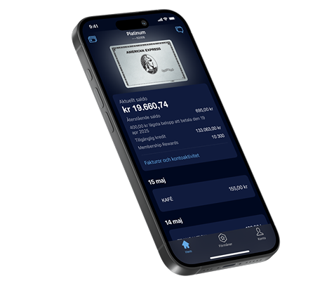 En mobiltelefon som visar en vy över appen Amex SE