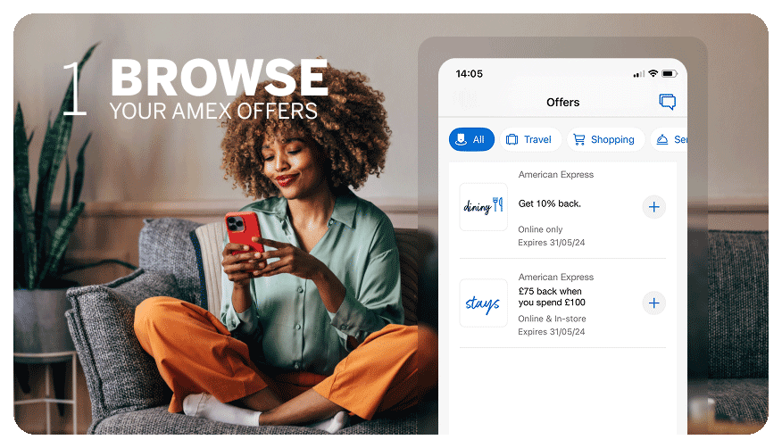 Image of a woman browsing her phone for Amex Offers
