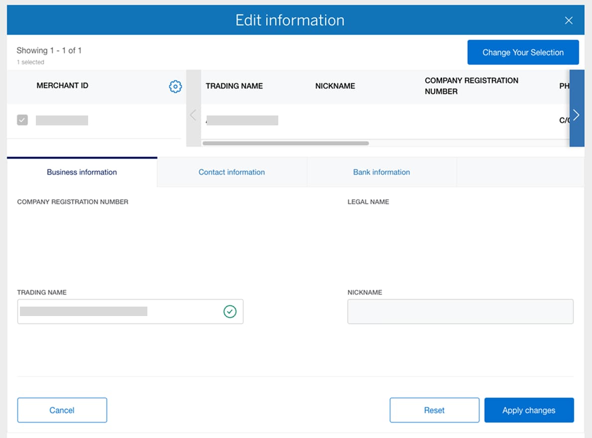 Screenshot of editing Business Information