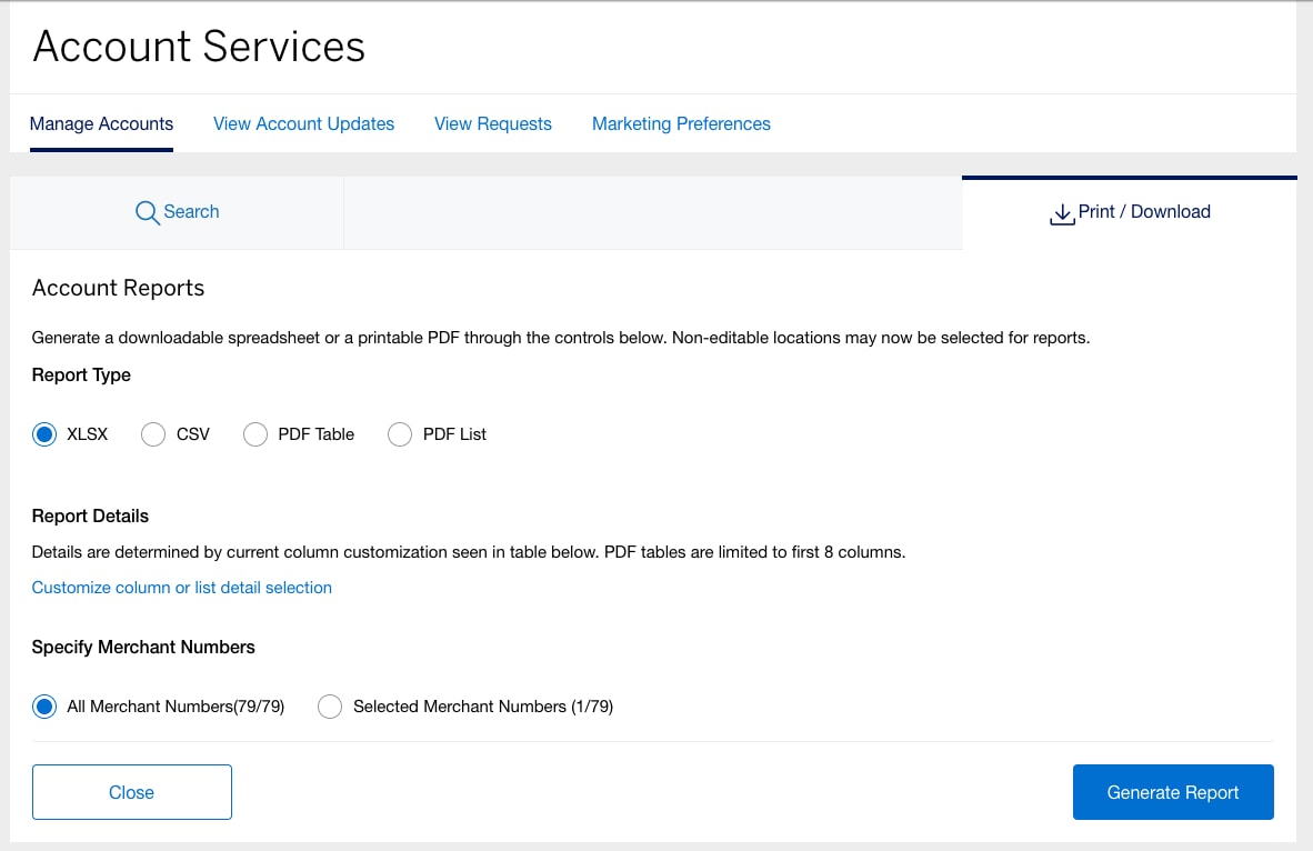 Screenshot of option to print or download account reports