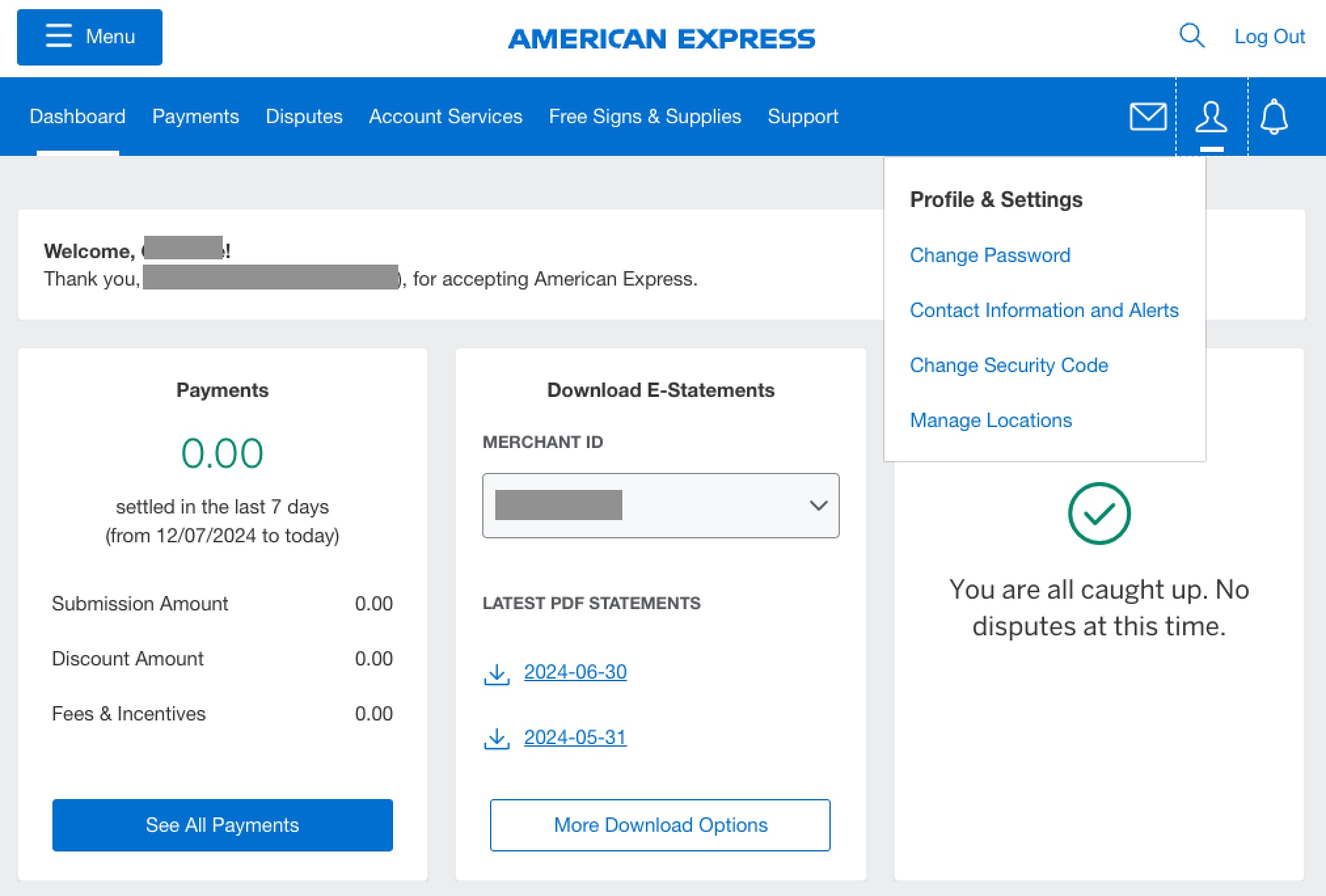 Screenshot of Dashboard and User Profile Dropdown to get to Change Password
