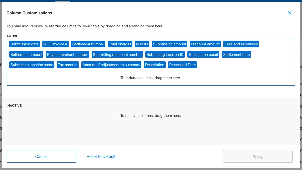 Screenshot of column customization options