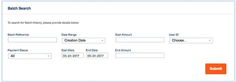 The batch search feature provides a view of the payments batch history with the help of batch reference number, user ID or transaction status.  