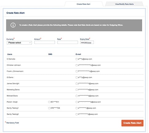 Steps to create a rate alert by inputting details such as currency, amount, rate and expiry date. 