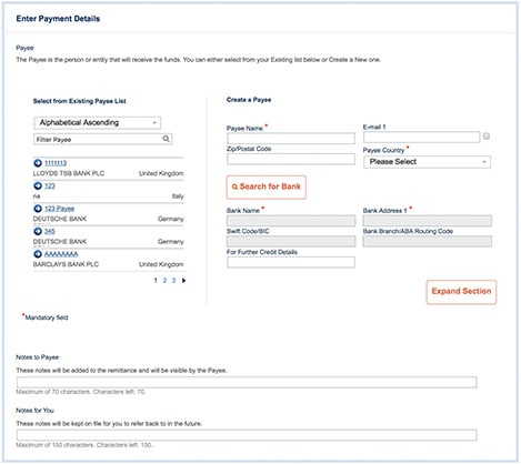 Entering payment details of an existing payee or creating a new payee for receiving payments. 