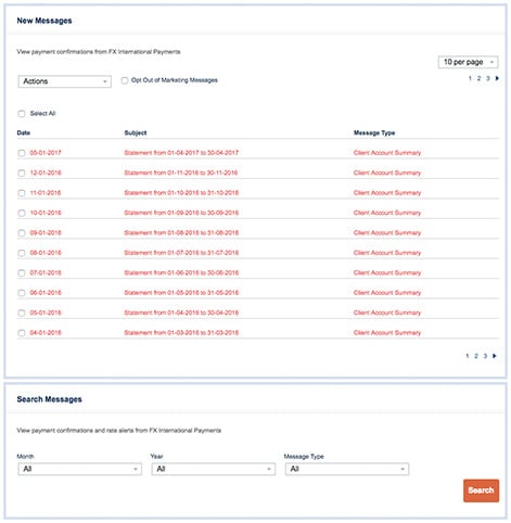 Account inbox provides details of all the new messages received along with offers from American Express FX International Payments.