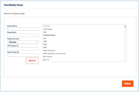 Viewing/modifying a payee is possible by entering details such as payee name, payee bank, payee currency and ID in the Manage Payees’ interface.  