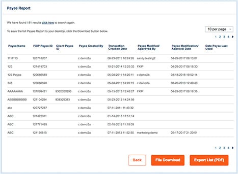 The payee report helps review global payments history as it provides details such as payee name. payee ID and transaction creation date.