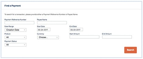 View the payment history details of a specific payment, its reference number, date range, payee name or currency through which the payment was made. 