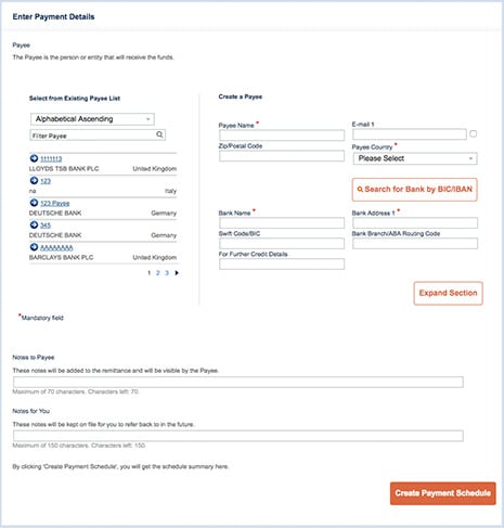 Enter the payee details from an existing payee list or create a new payee to schedule a payment.