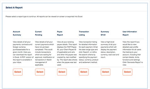 Select and generate different types of reports to view details about the foreign exchange transactions you have made in the past.