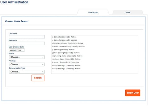 Steps to view/modify current users access rights with the user name, status and privilege type assigned to them.