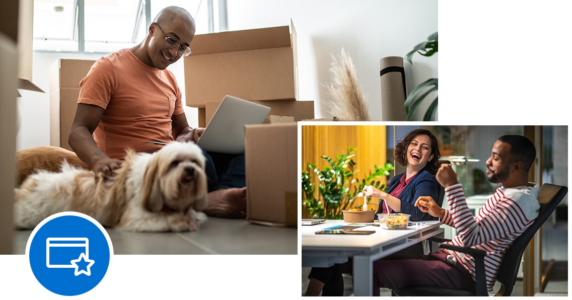 A rewards icon over scenes of employers enjoying the rewards of their American Express Cards.                             