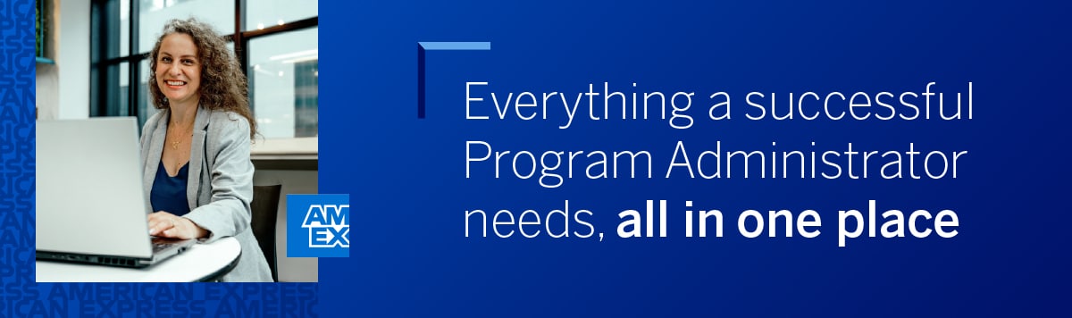 Smiling woman working on her laptop—American Express—Everything a successful Program Administrator needs, all in one place.