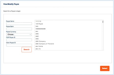 Viewing/modifying a payee is possible by entering details such as payee name, payee bank, payee currency and ID in the Manage Payees’ interface.
