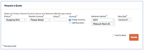 Steps for requesting a quote for making spot payments by entering the currency and amount details.