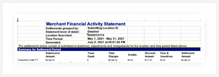 Screenshot example of .XLS downloadable e-Statement