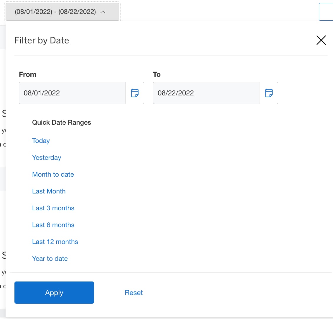 Screenshot of filtering by date