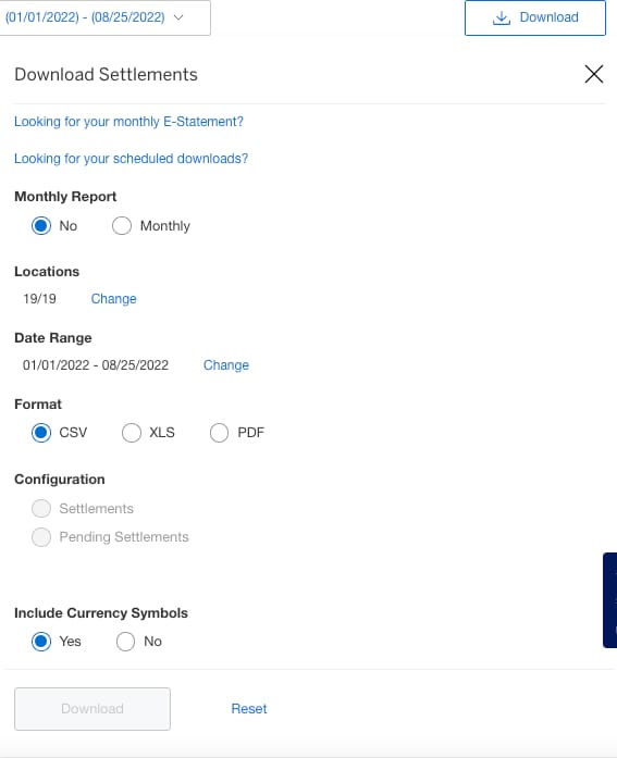 Screenshot of downloading settlement options