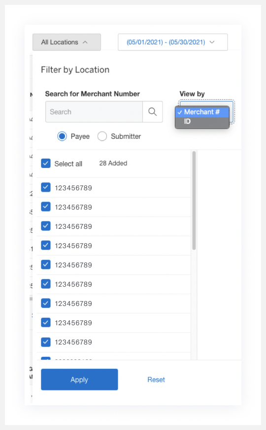 Screenshot of filtering adjustments and chargebacks by location