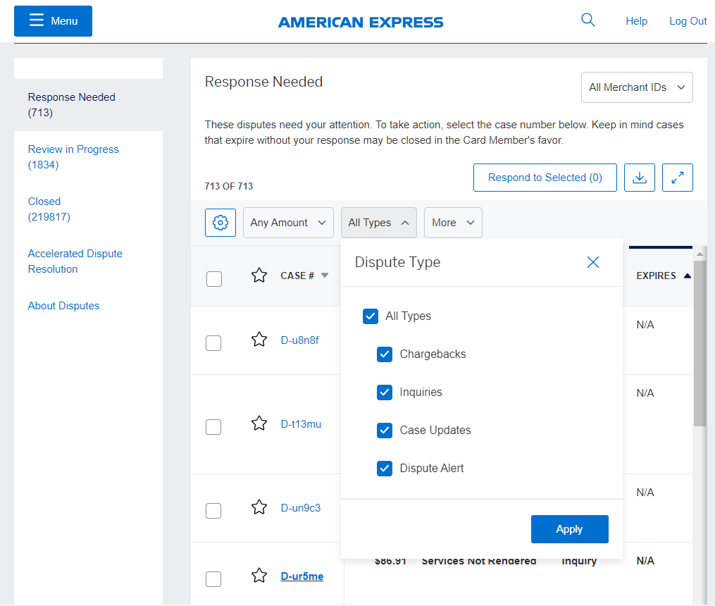 Screenshot of filtering by type of Dispute