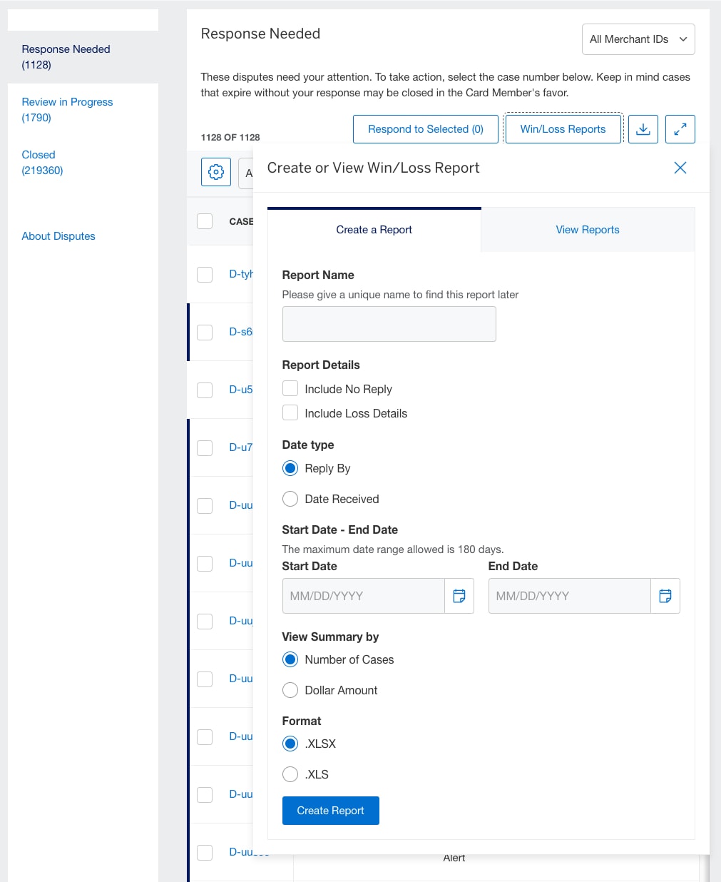 Screenshot of Win/Loss report