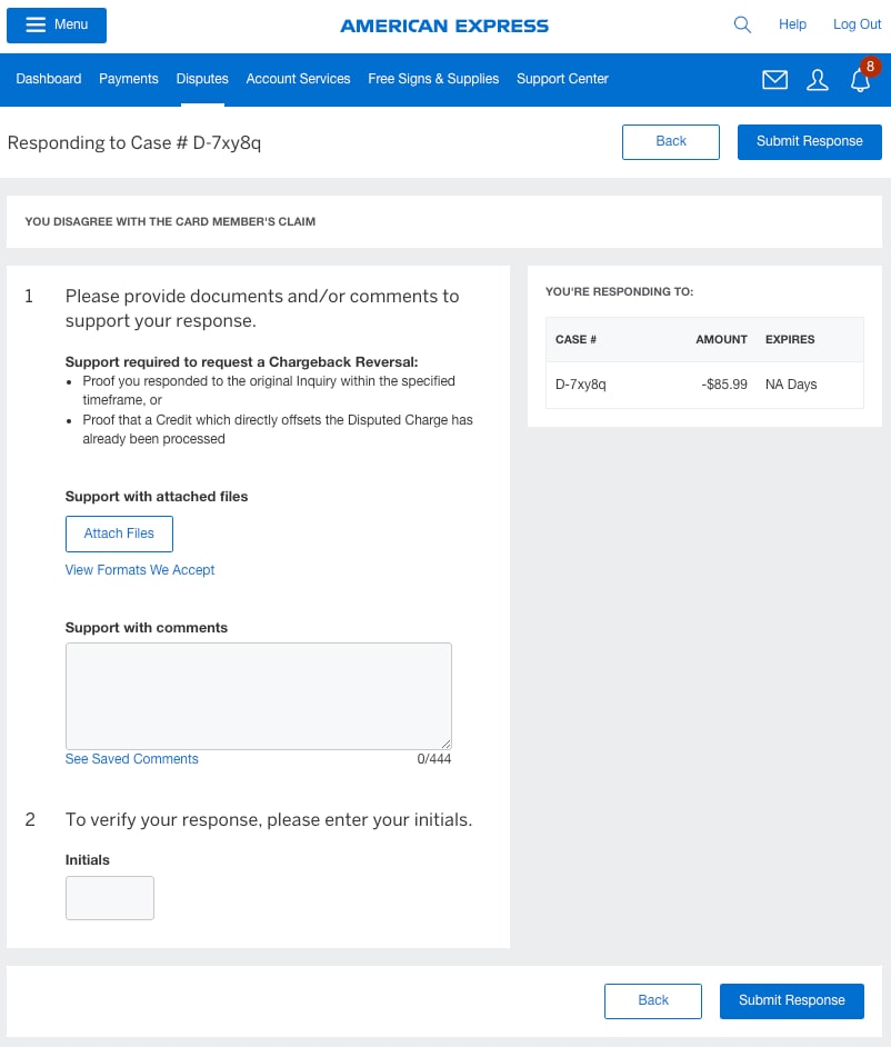 Screenshot of steps to respond to a particular case