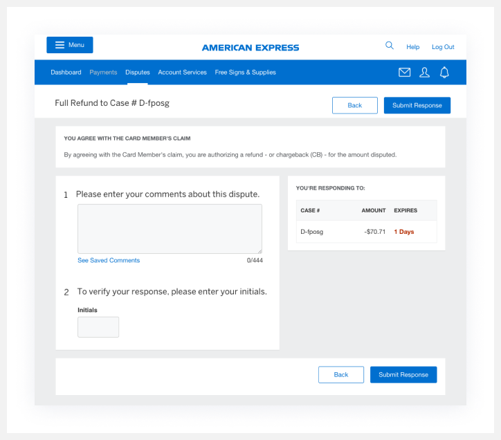 Screenshot of steps to submit response and provide a full refund