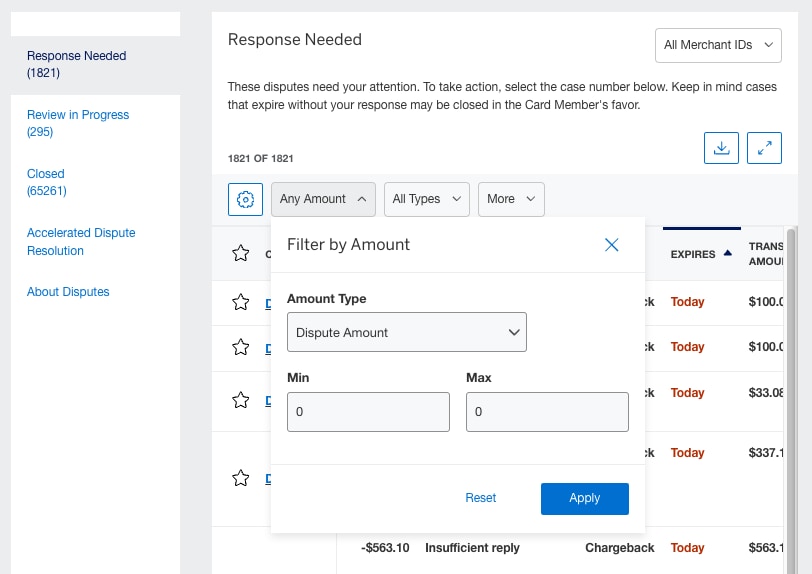 Screenshot for filtering by dispute amount