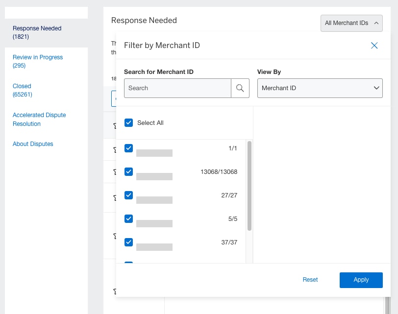 Screenshot of filtering by merchant ID