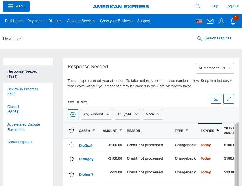 Screenshot of the Disputes Summary view