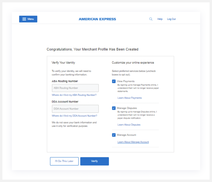 Screenshot of verifying bank information