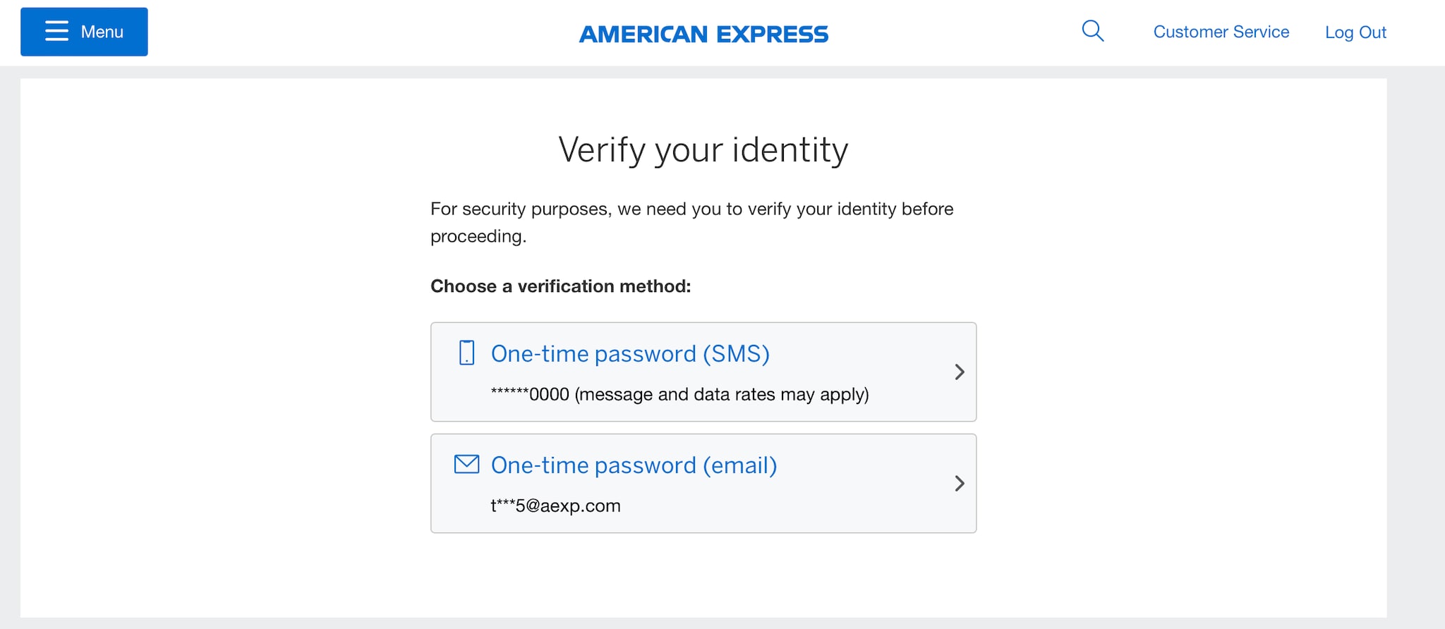 Screenshot of choosing your verification method