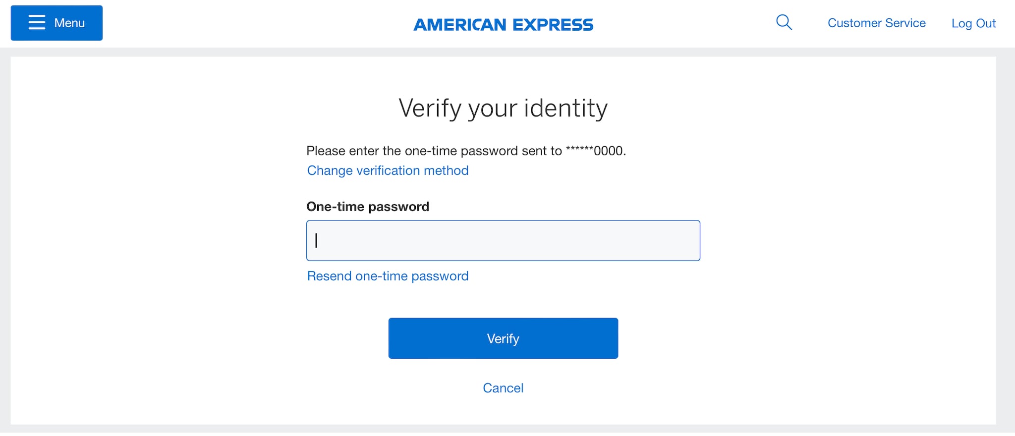 Screenshot of verifying account using verification method selected