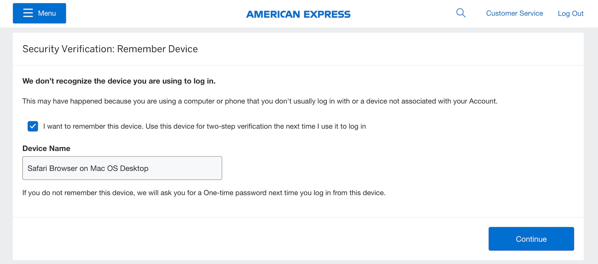 Screenshot of option to remember your device with box checked