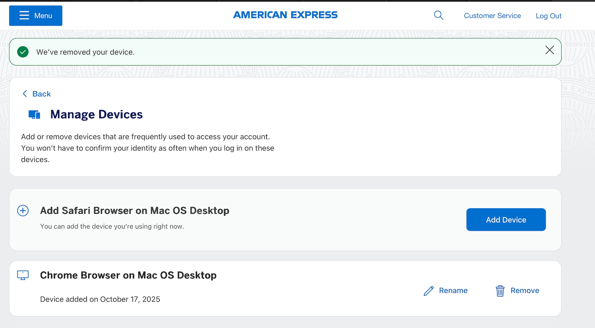 Screenshot of success message once you forget your device