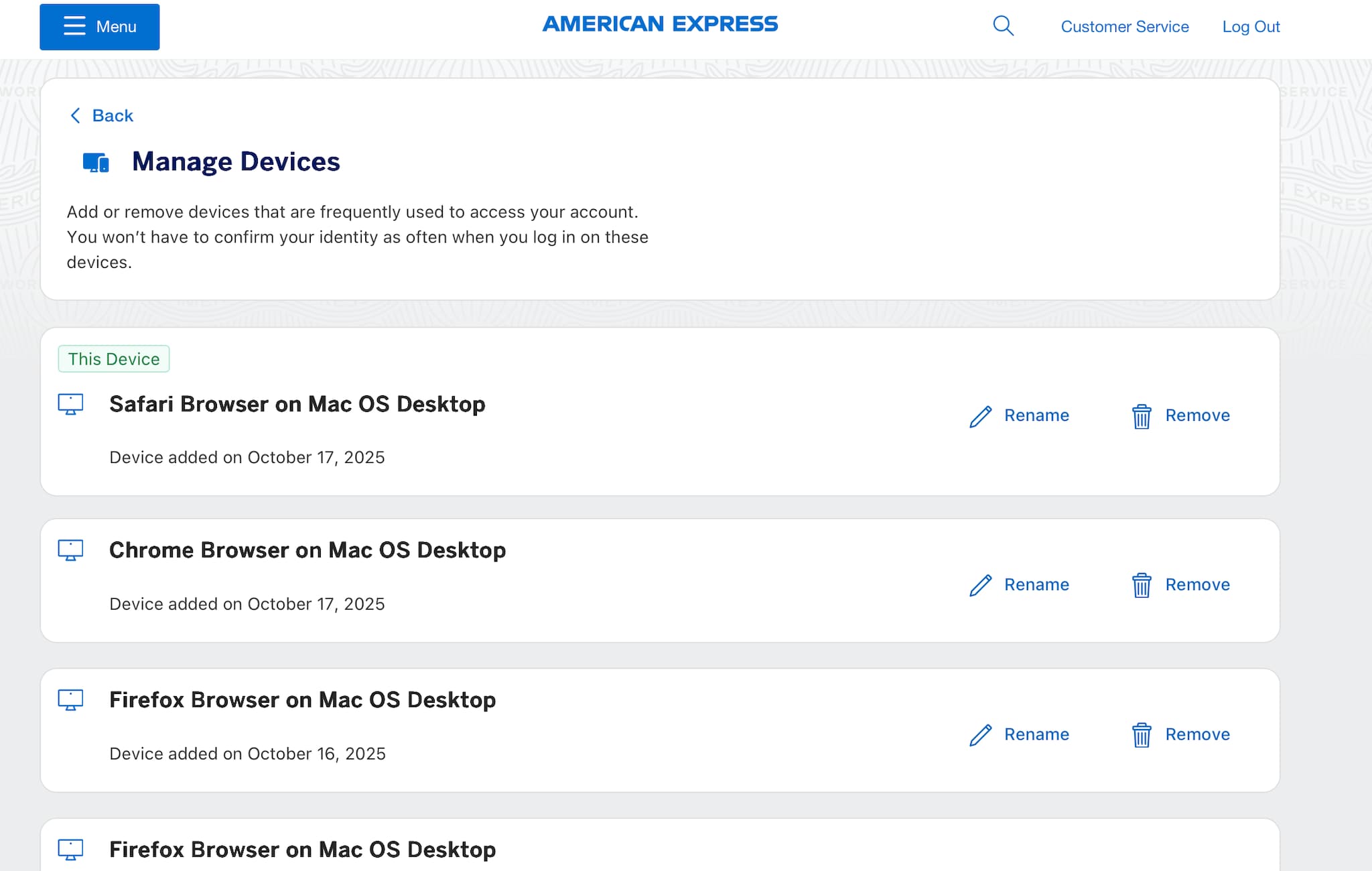 Screenshot of option to forget a device that is linked to the account