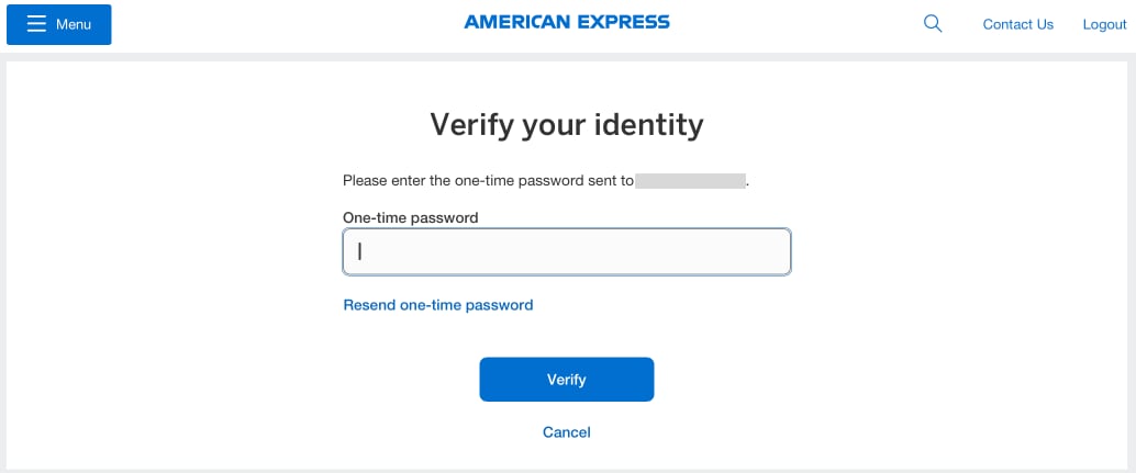 Screenshot of inputting one-time password