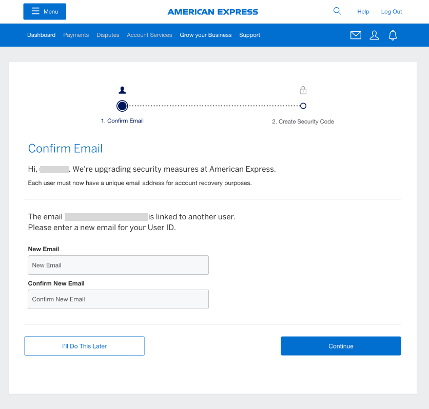 Screenshot of options to input new email address because account has already been claimed